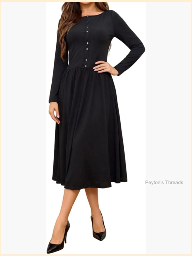 Long Sleeve Knit Button A Line Swing Flare Dress With Pockets